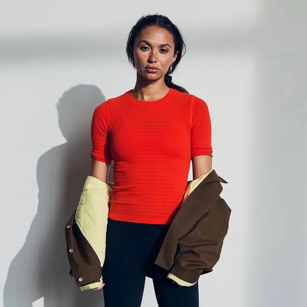 CALIA Seamless Crop Tee Elbow Sleeve Red XS Ribbed Sporty NEW